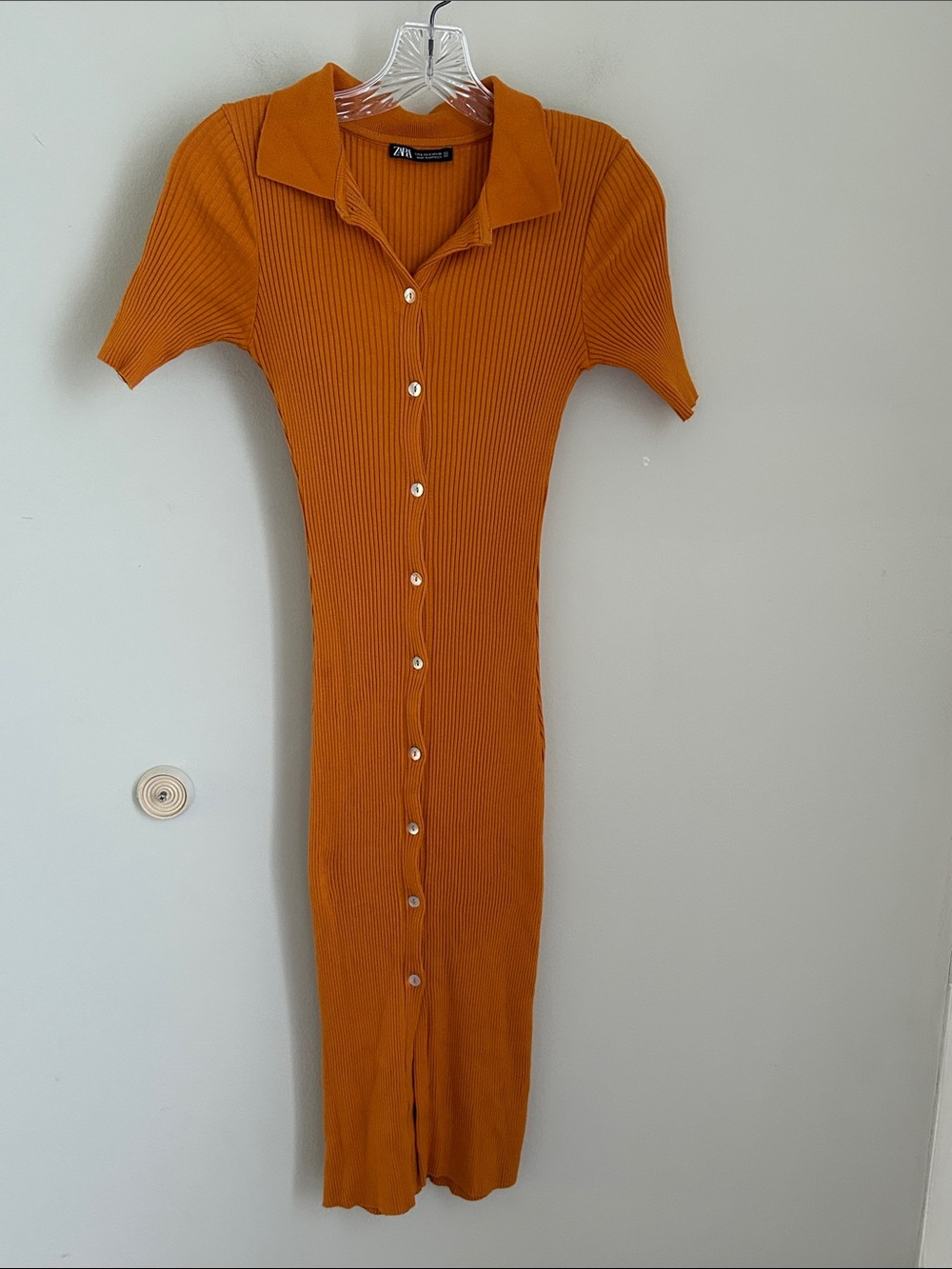 Zara Rust-Orange Ribbed Button-Down Collared Midi Dress